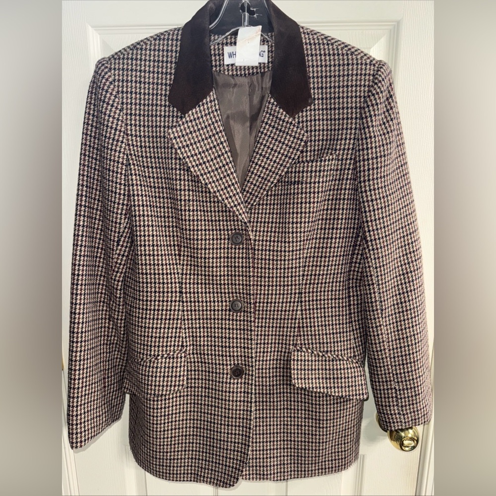 White Stag Blazer houndstooth brown maroon green suede collar wool blend size 8